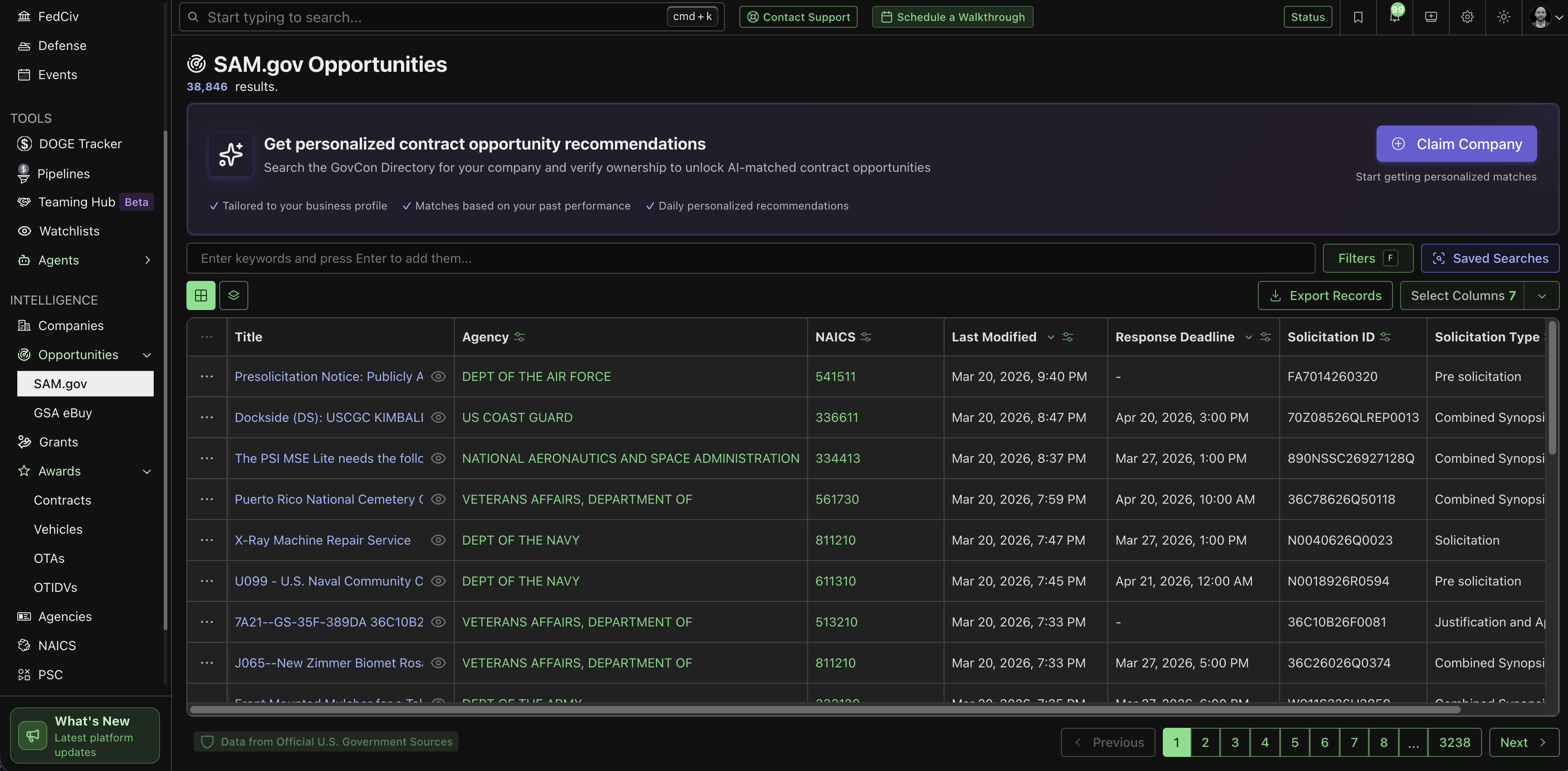 SAM.gov opportunities table in the G2X platform