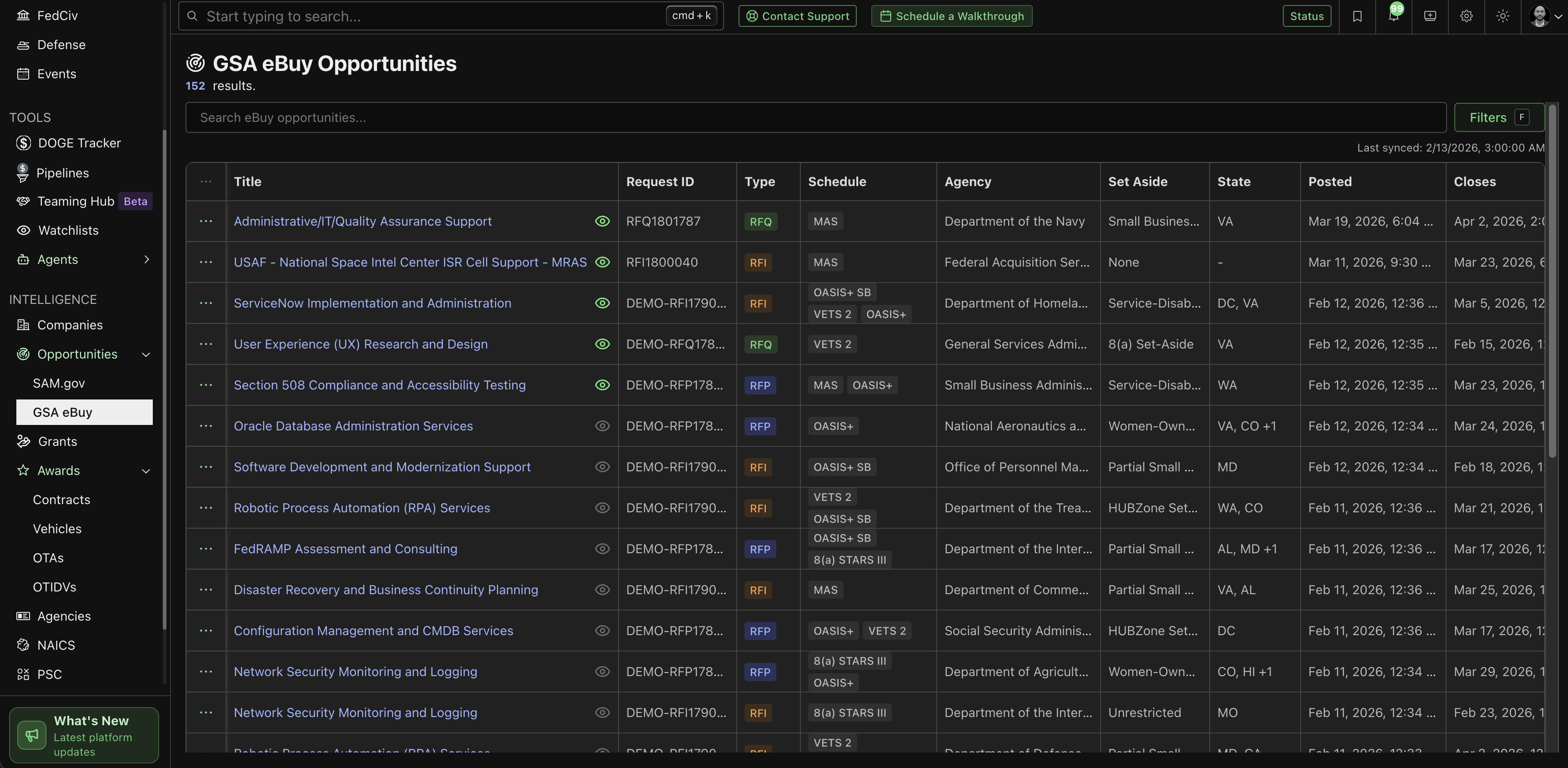 GSA eBuy opportunities table in the G2X platform