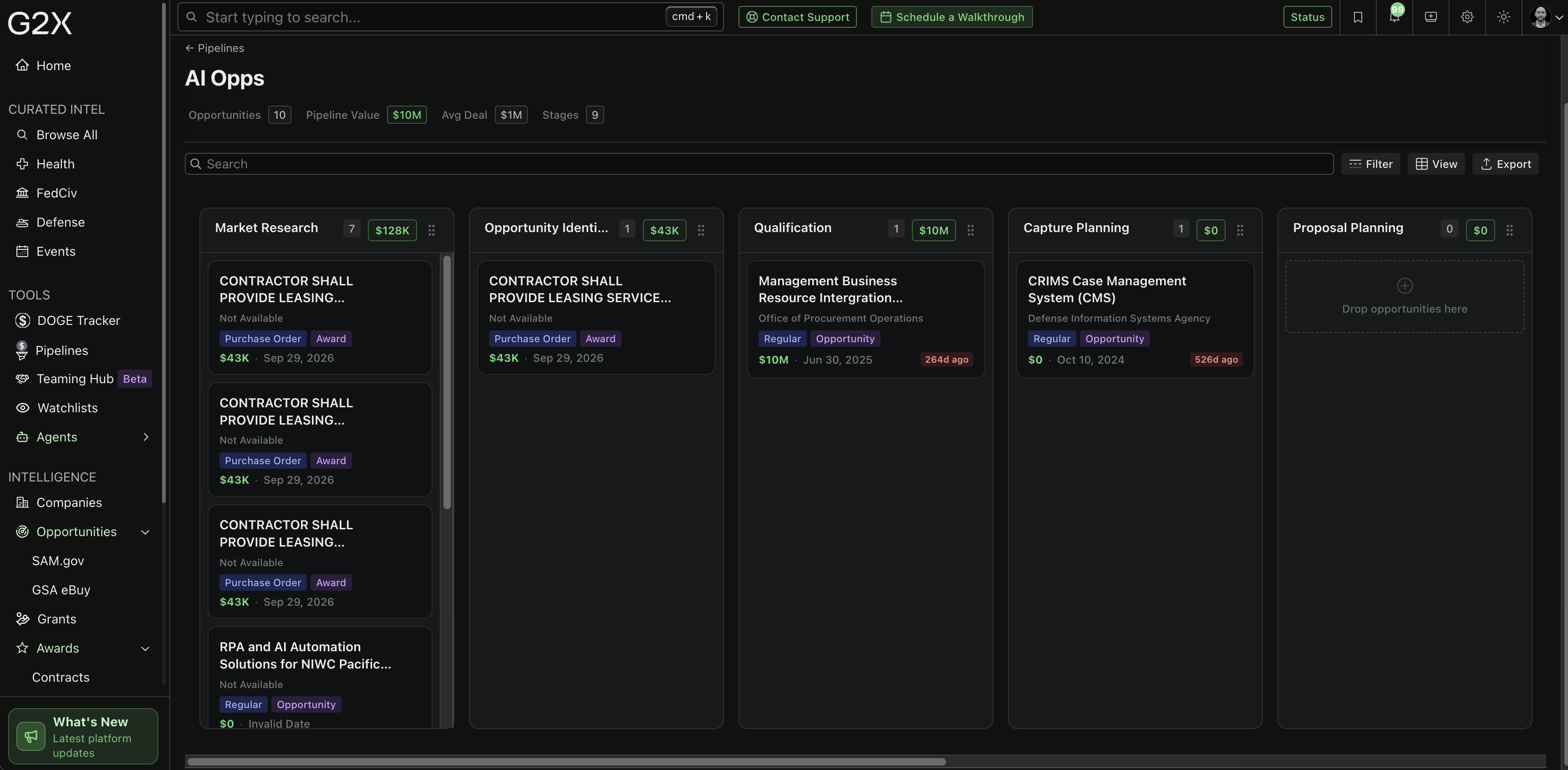 AI Ops pipeline board in G2X with kanban-style pursuit tracking