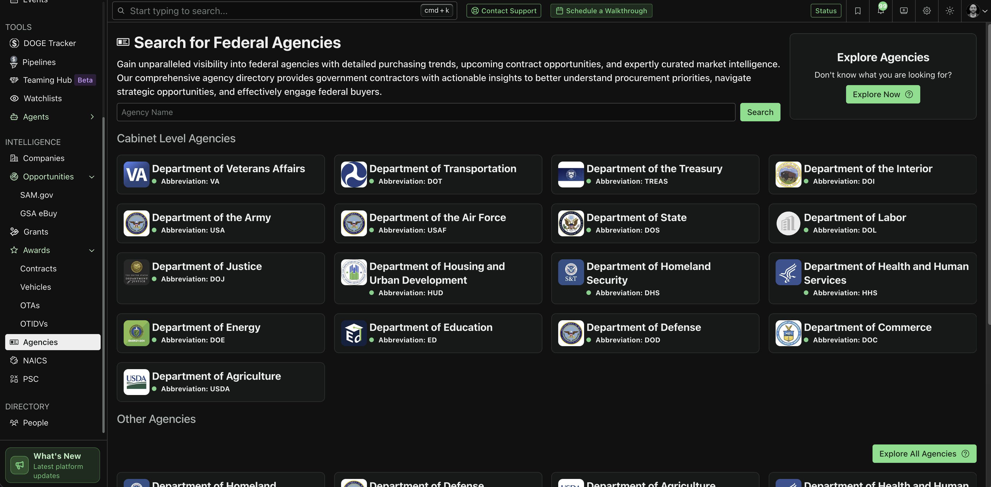 Federal agency directory in G2X showing cabinet-level agencies
